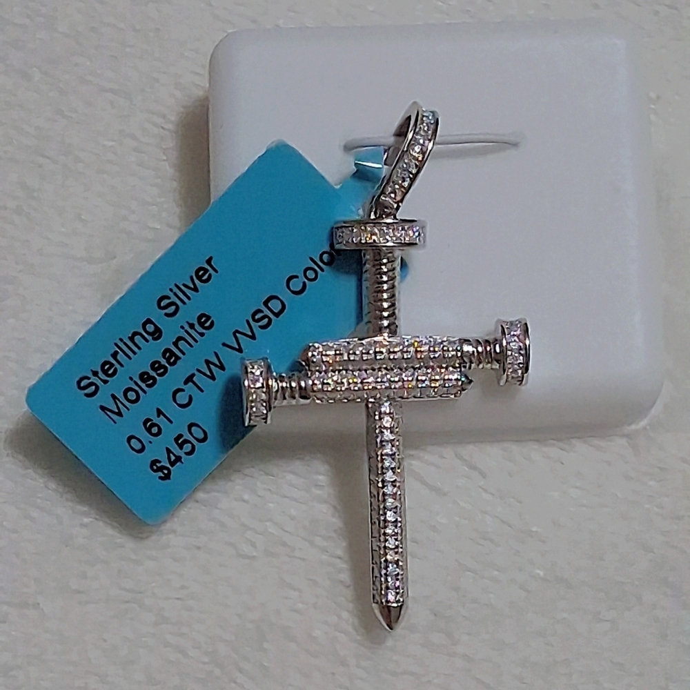 Moissanite Diamond Nail Cross Pendant Set In Solid 925 Sterling Silver